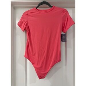 Auden Luxury Collection Bodysuit Womens Large Coral Pink Short Sleeve Crew Neck